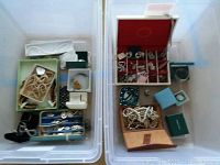 Overview of two clear storage bins containing multiple boxes and trays of jewelry