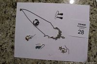 Lot layout photo showing necklace, expandable ring with blue cabochon, and five pairs of earrings