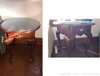 Pair of rounded wooden side tables with glass tops and drawer handles, showing scratches on surfaces.