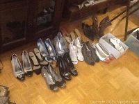 Fifteen pairs of assorted ladies shoes arranged on wood floor, showing variety of colors and styles
