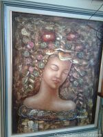 Close-up of first painting depicting a female figure with fruit and flower hair, signed M. Adams, framed.