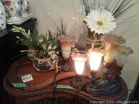 Full lot arranged on wooden tray - five tulip glass lights, faux florals, and wooden tray