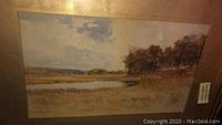 Framed watercolor landscape painting signed by Nelson Fish, showing trees and water
