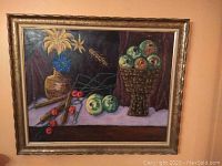 Full view of the original oil painting showing still life with apple basket and flowers.