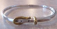 Front angled view of the sterling silver bangle with brass buckle detail showing hallmark '925'.