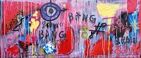 Front view of the full original painting showing vibrant colors and graphic design elements, text, and layering effects.