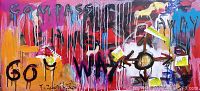 Full frontal view of the 22 x 48 inch street art canvas showing vibrant layers of mixed media and text "COMPASS GO WAY" with directional compass graphic.
