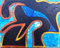 Close-up view of textured, abstract painting with black, blue, orange, yellow hues and signature
