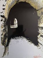 Close-up view of the monochrome archway print with signature