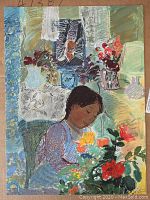 Full frontal color image of the lithograph depicting a young girl in pastel-toned interior with floral elements and textured background.