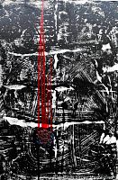 Close-up of the vertical red lines and textured cluster in front of black and white abstract background.