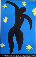 Clear image of silkscreen print titled ICARUS after Henri Matisse in bright colors with yellow stars on blue background and black figure with red chest spot