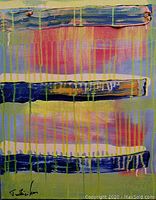 Frontal view of the modern abstract acrylic painting by Tadas Zaicikas, showing the color layering, drip effects, and signature.