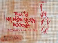 Front view of the entire painting displaying text and Statue of Liberty stencils