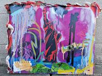 Full view of the original street art painting showing the Statue of Liberty and colorful graffiti layers on canvas edges.