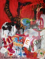 Close-up front view of the abstract mixed media painting on canvas with vivid red, white, and black colors and signature