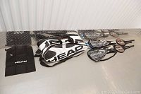 Overview of HEAD sports bag, drawstring bag, rackets, covers, goggles and shuttlecock tubes