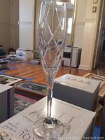 Close-up of a Mikasa Elite crystal champagne glass with faceted diamond pattern, standing on original box.