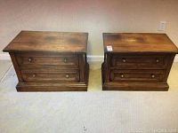 Two wooden nightstands side by side showing overall appearance, design and finish.
