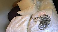 Photo of bedding lot including a queen size heated mattress pad with attached cords and remote, two comforters in white and dark brown, and several pillows in white and cream.