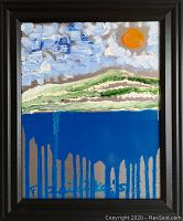 Front view of the painting and frame showing full landscape, sun, and signature.
