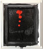 Full frontal image of the painting showing its black and red textured abstract design with white wood frame and paint drips on frame.