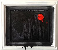 Front view of the framed original oil painting showing textured black background with red blob detail.