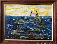 Framed original oil painting showing entire artwork and frame with a sea and sky impressionist theme.