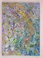 Full front view of abstract painting showing pastel and metallic color palette