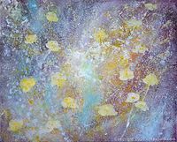 Close-up of textured floral abstract painting with yellow flowers and multicolored background on stretched cotton canvas.