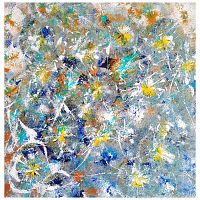 Close-up image showing vibrant textured acrylic paint with floral and star-like abstract details in yellow, blue, white and orange hues on linen canvas.