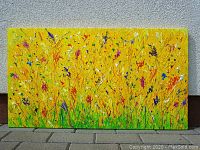 Full view of original acrylic painting "Bright thoughts #2" by Aneta Kvedaraviciene showing vibrant colors on yellow background depicting abstract flowers.