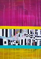 Full frontal view showing the entire abstract painting with magenta, yellow, teal and gold fields and black-and-white grid detail