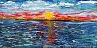 Full view of the oil painting showing sunset and sea with rich textured brushstrokes and vibrant colors.