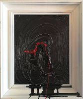 Full view of the framed black and red abstract oil painting titled "Universe #3" by Tadas Zaicikas.