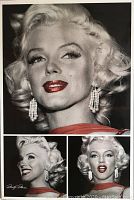 Three art print images of Marilyn Monroe with red lips and earrings on black and white background, shown from different angles and expressions