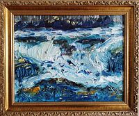 Front view of framed oil painting showing composition, colors, and frame design
