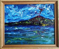 Front view of original oil painting titled 'Algonquin Park, Ont.' showcasing framed artwork with swirling brush strokes in blue and green hues.