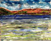 Full view of the original oil painting showing the lake, hills, and sky scenery