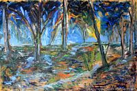 Full frontal view of the oil painting 'Spring Forest' showing entire composition within custom frame.