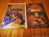 Front covers of Bushido Blade #1 and The Man Behind the Mask #2 comic books displayed side by side on a wooden floor.