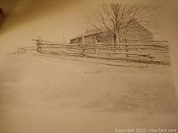 Full view of the pencil drawing print showing a wooden fence, leafless tree, and rustic house.