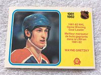Front of Wayne Gretzky 1981-82 NHL Game Winning Goal Leader hockey card showing portrait and title