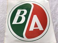 Front view of large circular B A gas oil decal showing green and red split background with white "B" and "A" letters.
