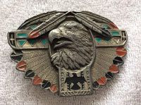 Front view of rare Bergamot Indigenous belt buckle showing eagle head, feathers, and colorful enamel inlays.
