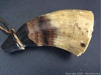 Side view of the miniature powder horn showing the natural horn material with a darkened tip and some weathered marks.
