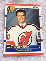 Front of the 1990-91 Score Martin Brodeur rookie card showing player image and card details.