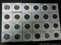 Full view of 24 Hungarian coins mounted on white cardboard holders with dates and denominations marked.