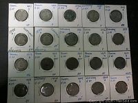 Photo of 20 Imperial German 5 Pfennig coins mounted individually showing dates between 1875 and 1918 and various mint marks and condition grades.