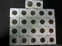 Overhead view of Hungarian coins mounted in holders, showing variety of dates and denominations, each with handwritten labels noting year, coin type, and condition.